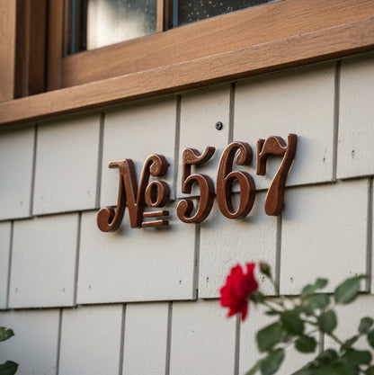 House number '567' on a building exterior with a red rose in the foreground.