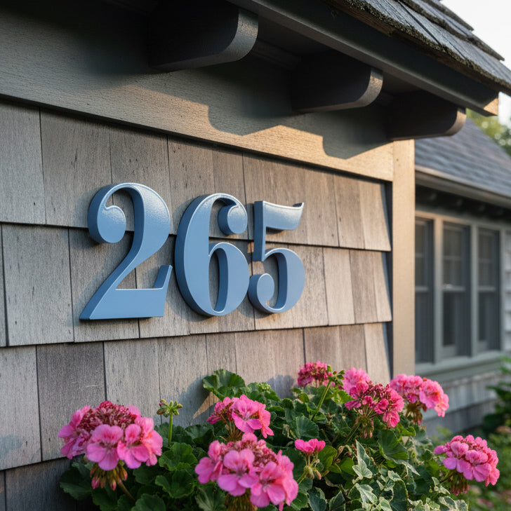blue House number '265' on a wooden facade with pink flowers in the foreground