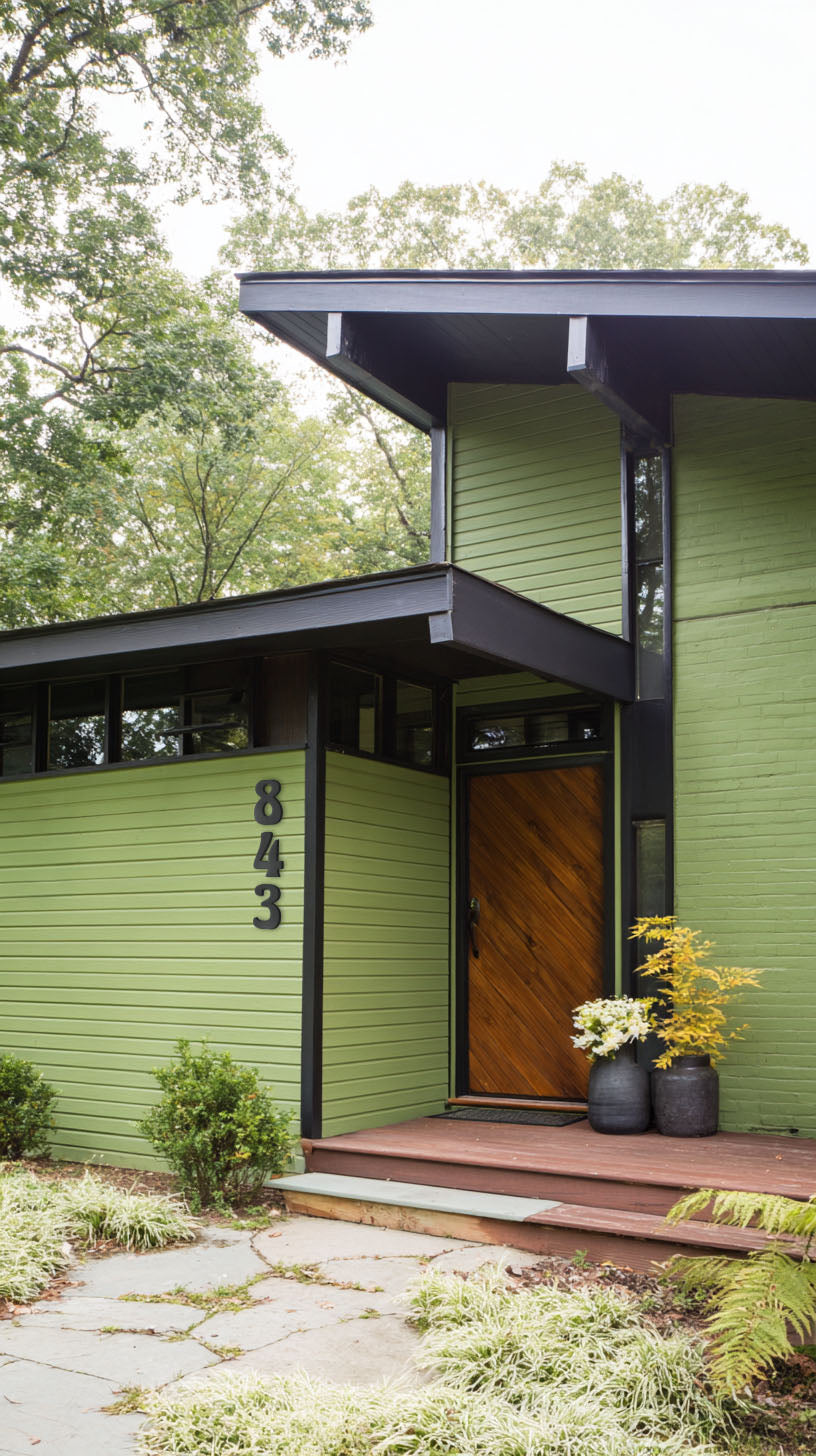 Green house with a wooden door and custom acrylic address number 843, surrounded by trees and plants.