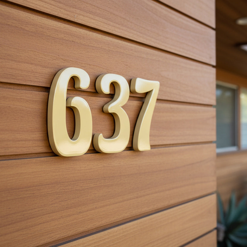 Brass House numbers '637' on a wooden exterior wall