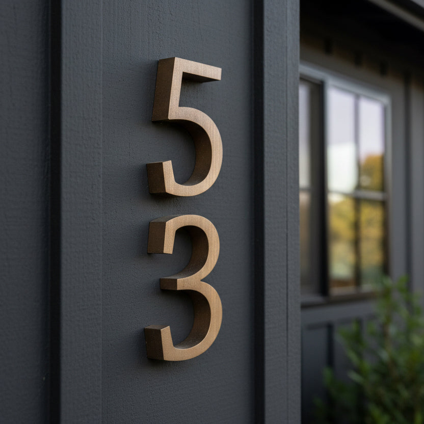 Gold House number '53' on a dark gray house with blurred background