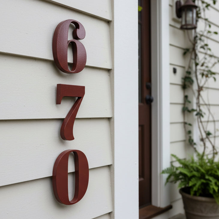 House numbers '670' on a house exterior with a plant and door frame.