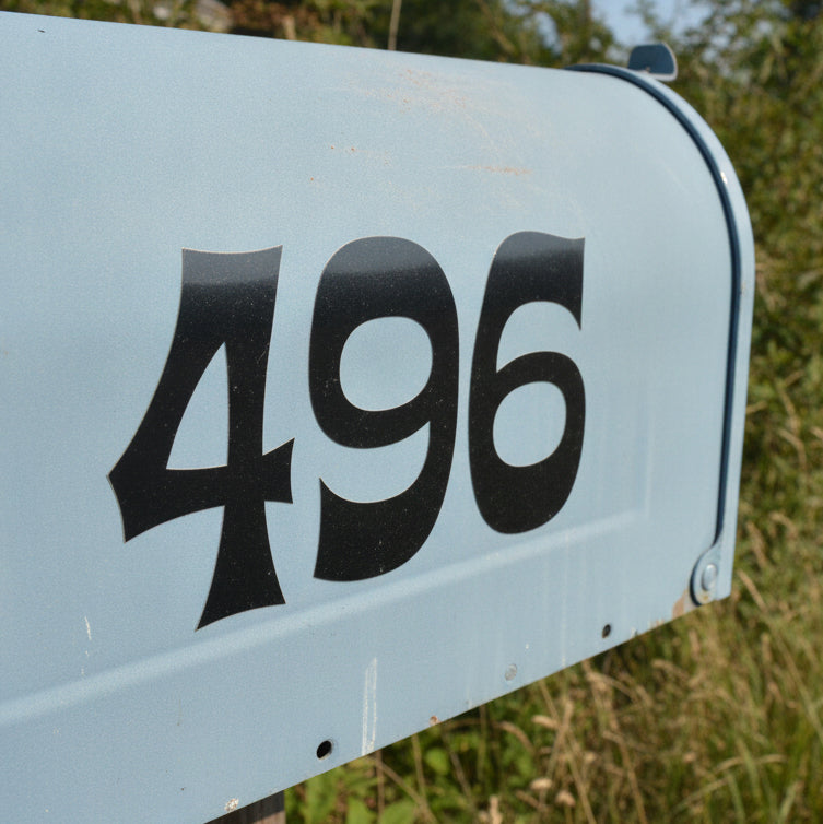 A close-up of a light blue metal mailbox with large black numbers 496 on the front, photographed outdoors with grass and foliage blurred in the background.