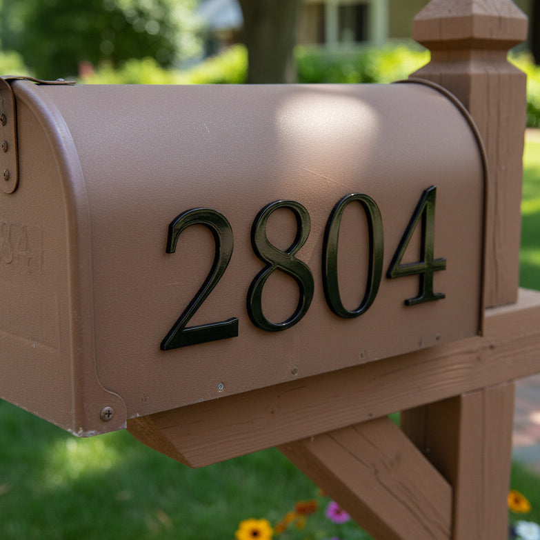 Brown mailbox with house numbers '2804' in a garden setting