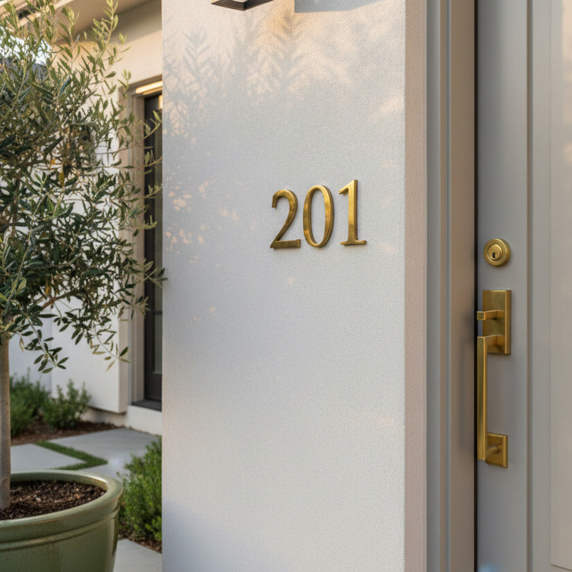 Frosted glass door with polished brass number '201' and handle, featuring a plant on the left.