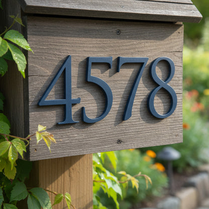 Wooden mailbox with house numbers '4578' in a garden setting