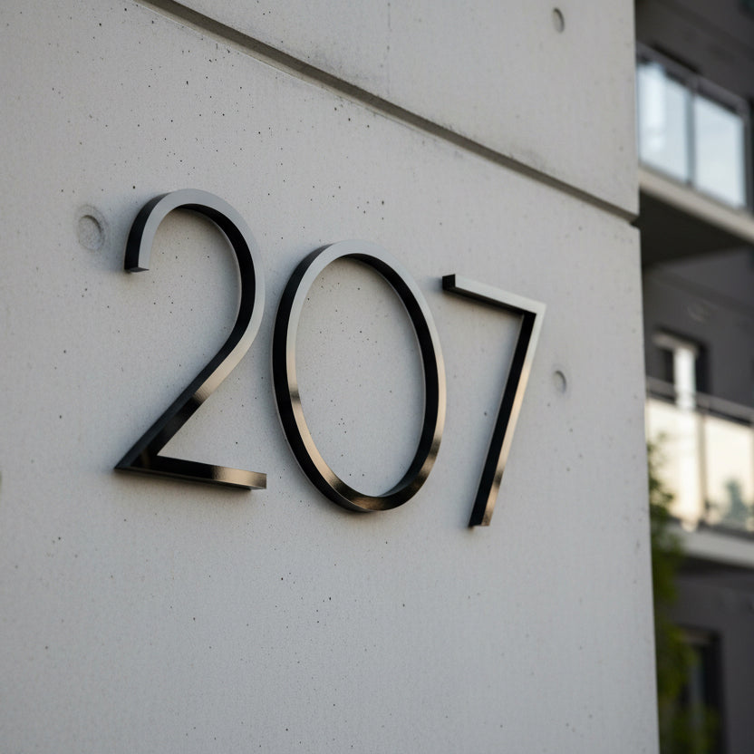 Extra Large House number '207' on a concrete wall.