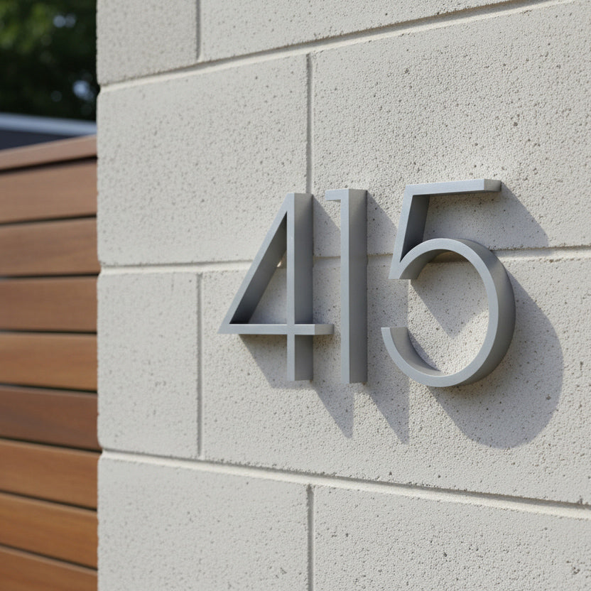 aluminum House numbers '415' on a cinder block wall with wooden paneling.