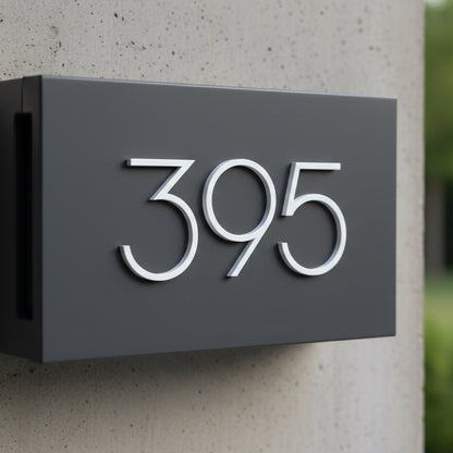White Modern house number '395' on a mailbox on a concrete wall