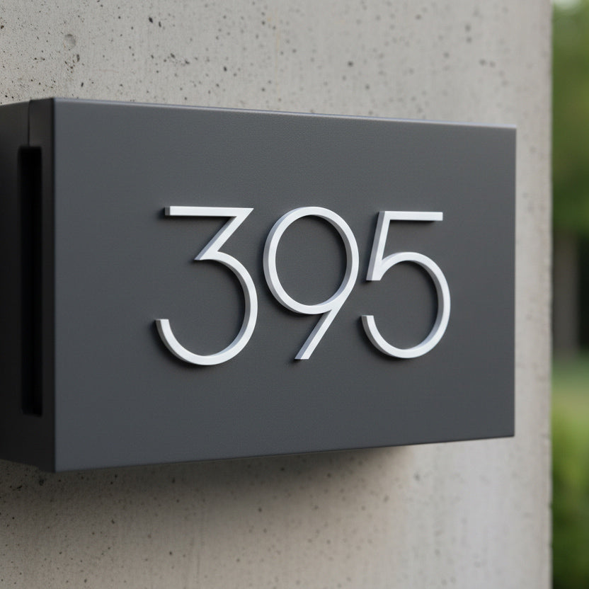 White Modern house number '395' on a mailbox on a concrete wall