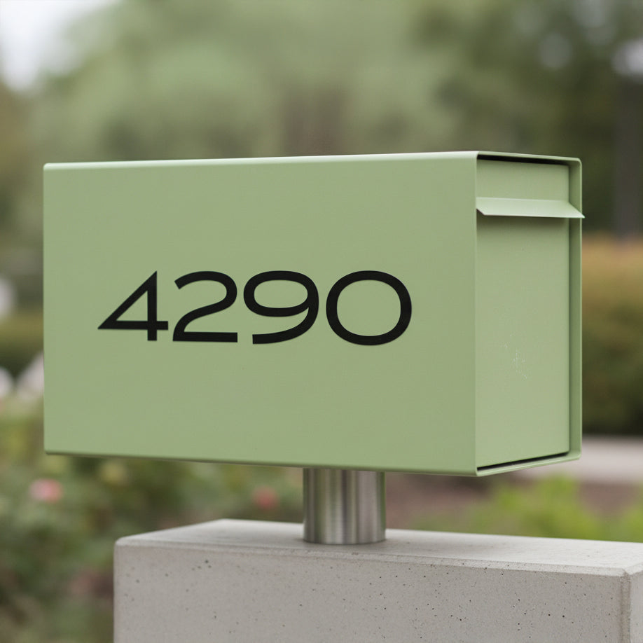 A light sage green metal mailbox mounted on a concrete post outdoors, with the house number 4290 printed in black on the front.