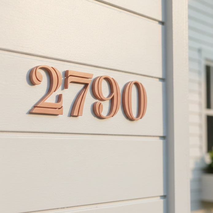 Apricot house number '2790' mounted on a white horizontal siding exterior wall.