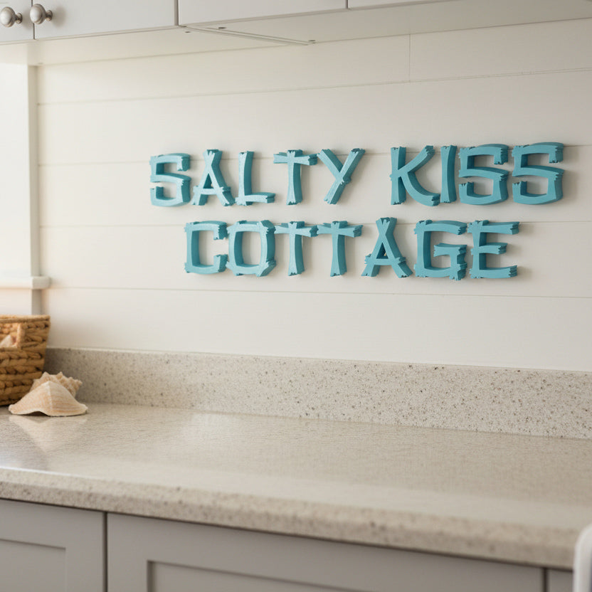 Decorative sign with 'Salty Kiss Cottage' on a kitchen wall.