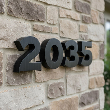 Black house numbers '2035' on a stone wall