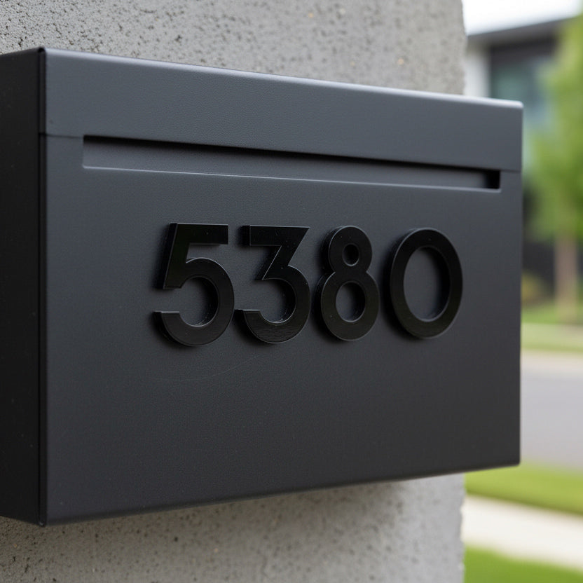 Black mailbox with house numbers '5380' on a concrete wall.