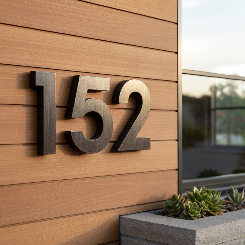 Modern house numbers '152' on a wooden exterior wall with a plant pot.