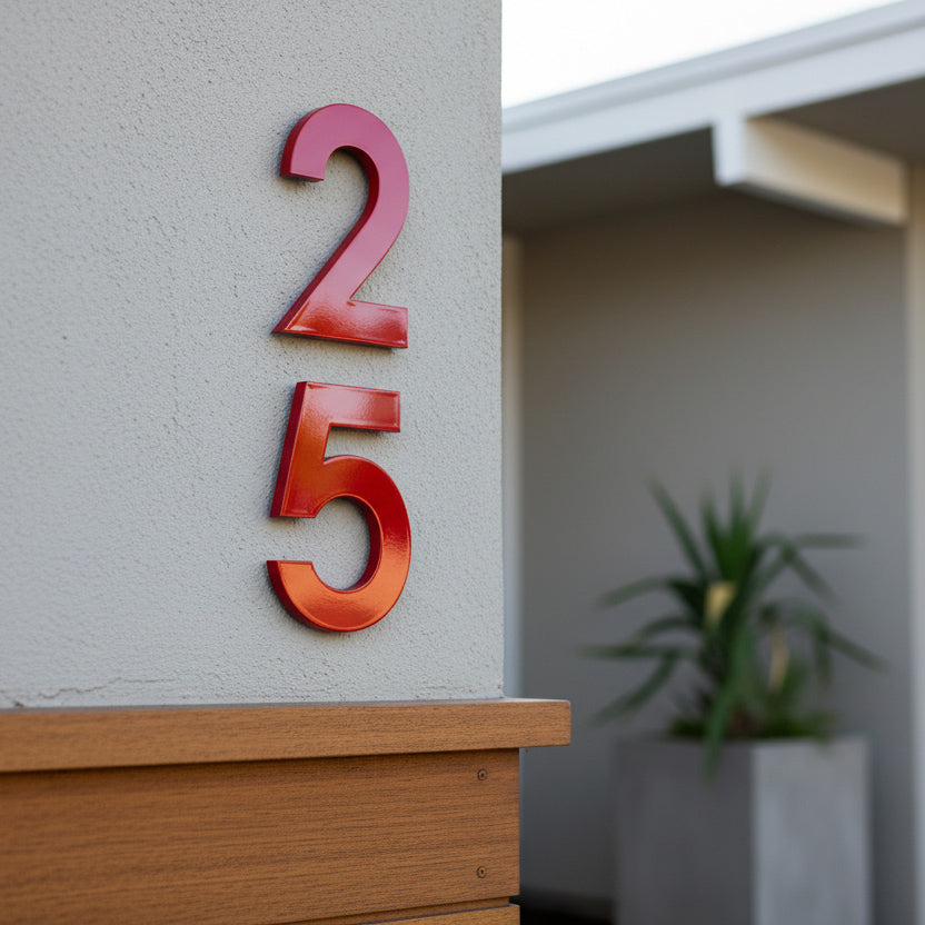 Red house numbers '25' on a light gray wall with a blurred plant in the background.