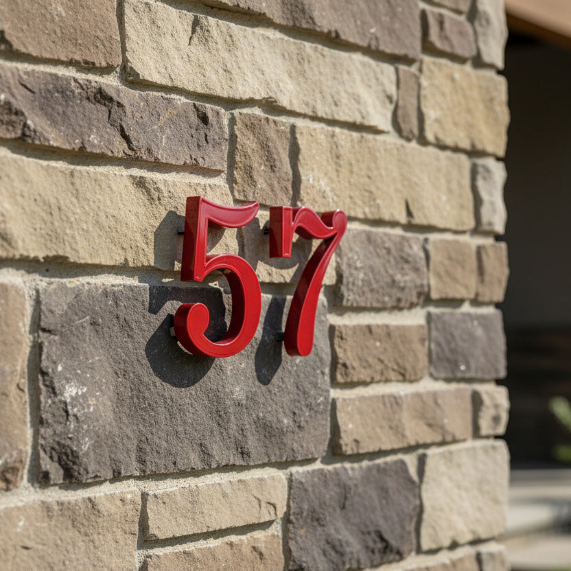 Red house numbers '517' on a stone wall