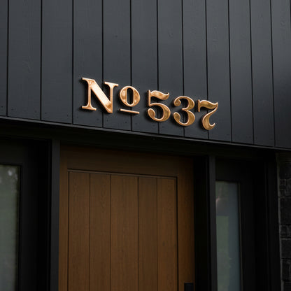 Copper house number 'No 537' on a dark wooden door
