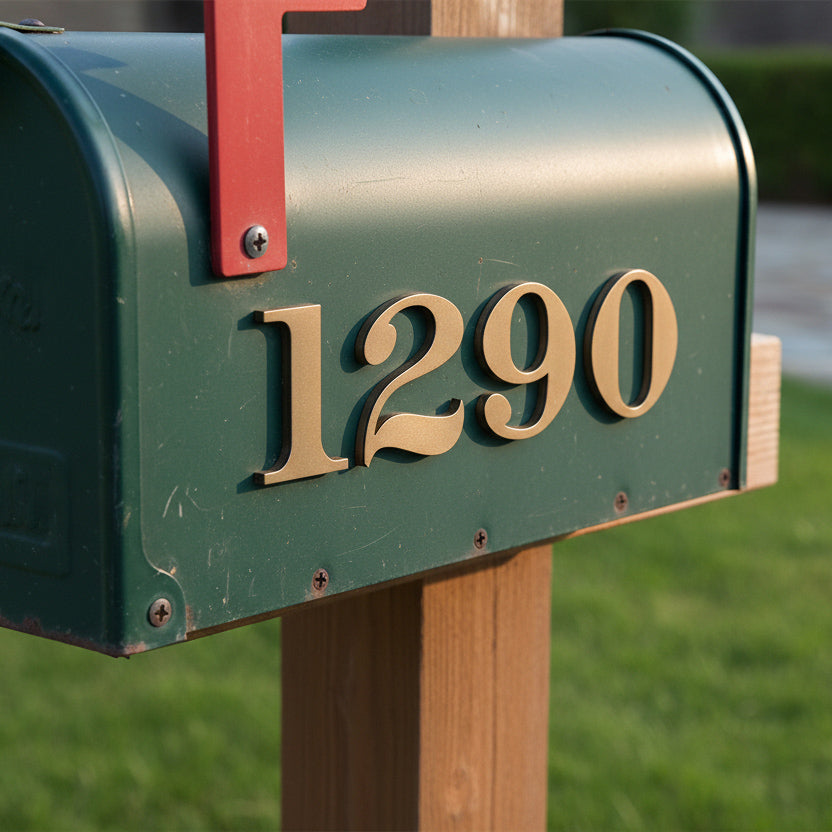 Green mailbox with house numbers '1290' on a wooden post.