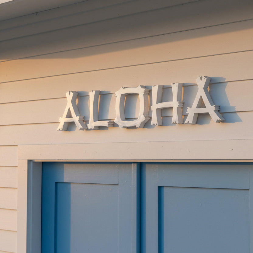 Metal 'ALOHA' sign on a building with a blue door.