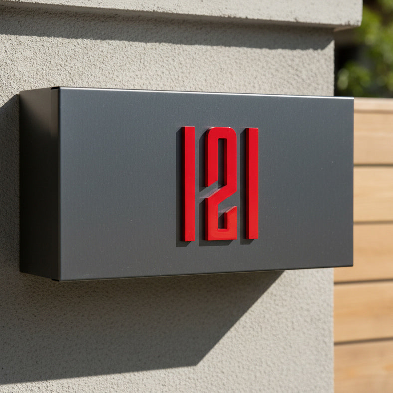 Modern house number '121' on a gray box mounted on a concrete wall.