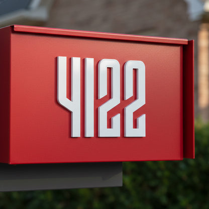 Red mailbox with white numbers '4122' against a blurred outdoor background