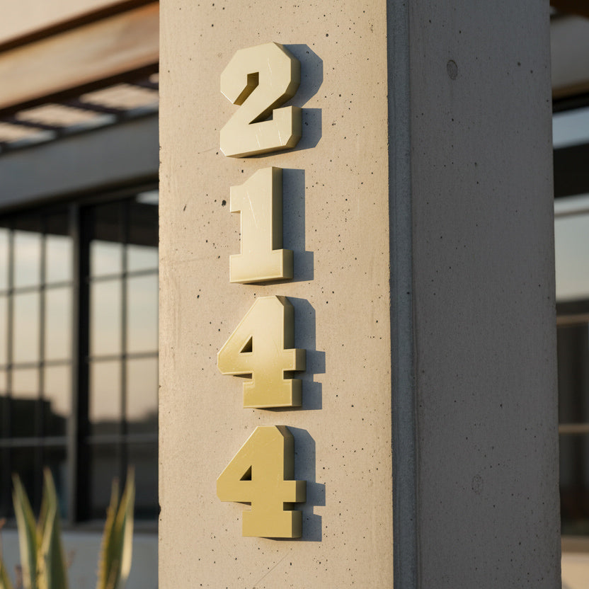 Gold house numbers '2144' on a concrete pillar with a blurred building background