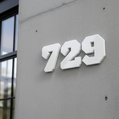 White house numbers '729' on a concrete wall.