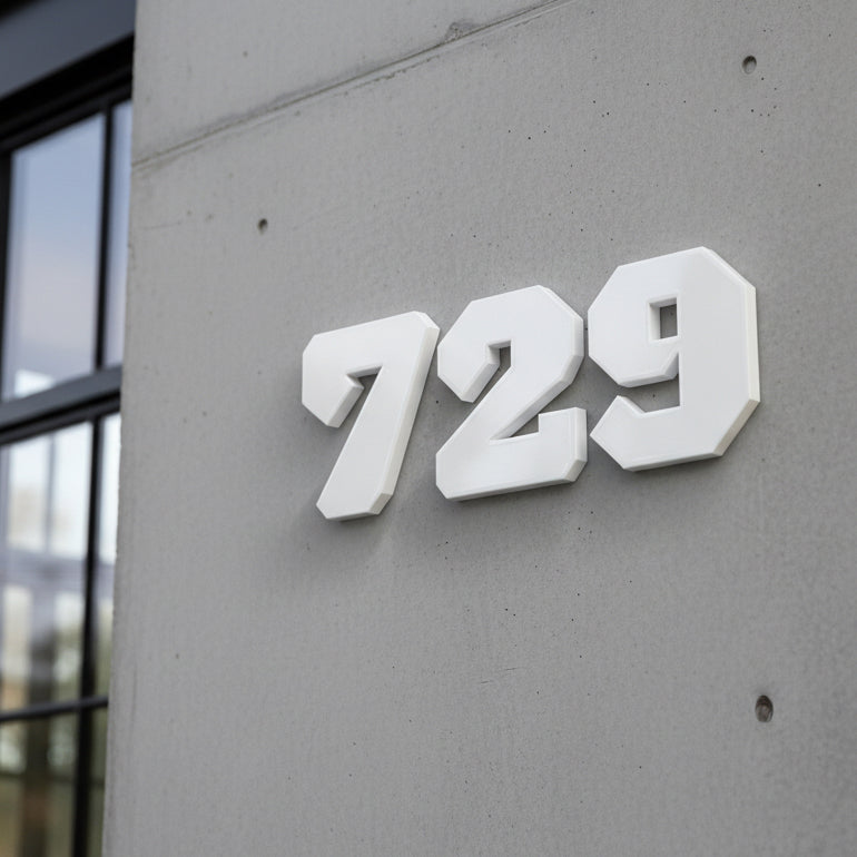 White house numbers '729' on a concrete wall.
