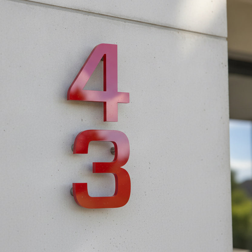 Red 3D house number '43' mounted on a light gray concrete exterior wall.