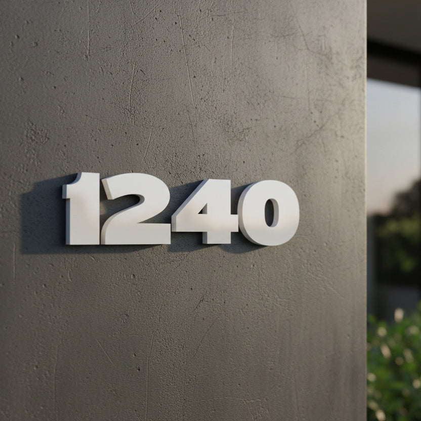 Modern house numbers '1240' on a concrete wall.